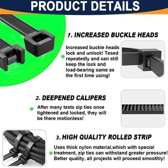 NWT 50pcs Black Nylon Zip Ties - 6 Inch, 140 x 2.6mm, Premium Multi-Purpose Plas - Picture 4 of 5